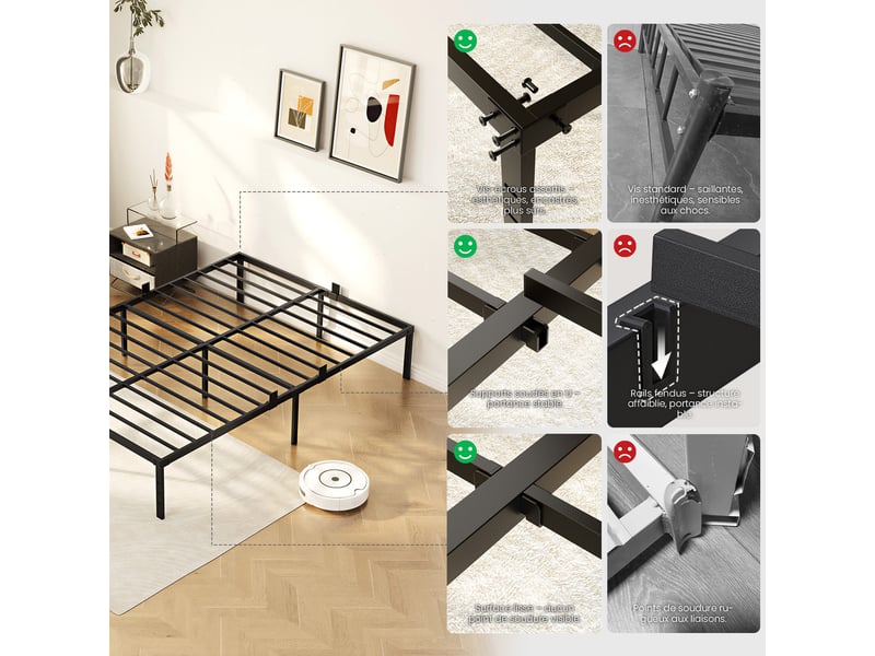  Cadre de lit 140 x 190 métallique, lit double minimaliste, structure robuste et durable, silencieuse et antidérapante, résistante à la rouille, charge maximale 500 kg, noir  - Conforama D