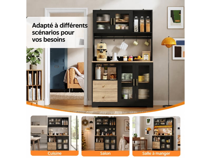  Meuble de cuisine muvano avec vitrine et led rgb, noir et effet bois, 110 × 40 × 178 cm  - Conforama B