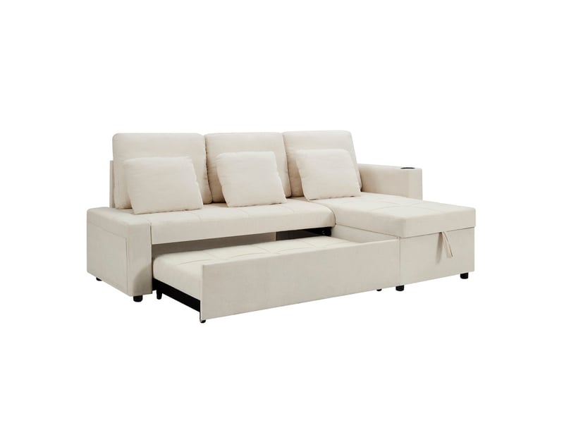  Canapé convertible 3 places avec méridienne, coffre, porte-gobelet et rangement latéral en chenille beige clair  - Conforama A