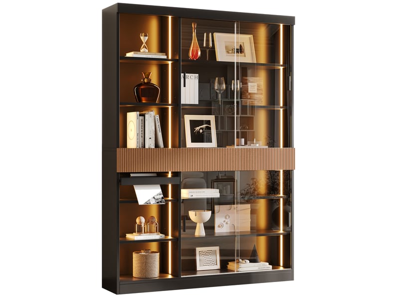  Vitrine 120x28,5x180 cm avec led, portes coulissantes en verre gris noir et marron  - Conforama A