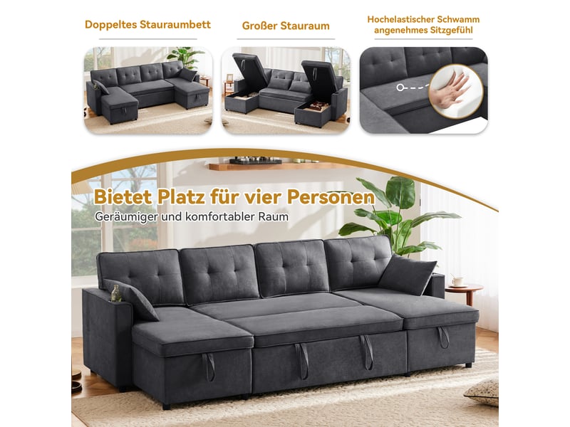 Canapé convertible en u 4 places tissu aspect lin gris avec coffre intégré et porte-gobelets - Conforama D
