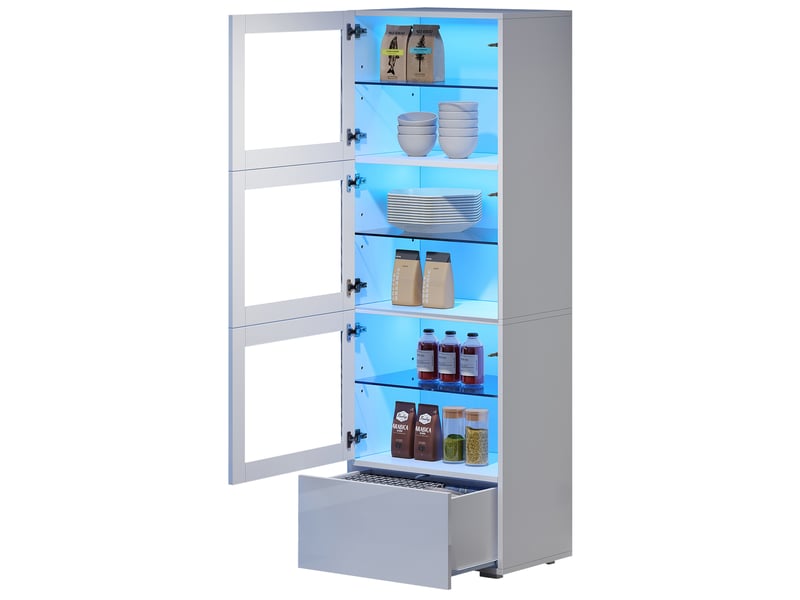  Vitrine haute 60x40x173 cm, 3 portes acrylique, led, tiroir, façade brillante, mdf et verre trempé, blanc  - Conforama A
