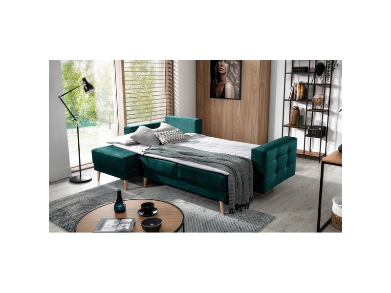  Canapé d'angle convertible hasgard 3 places vert foncé 248x162 cm – coffre et pieds bois  - Conforama D