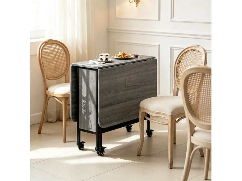  Table extensible pliante avec 2 plateaux relevables, étagère et 6 roulettes freinées, gris 130 × 80 × 74 cm  - Conforama E