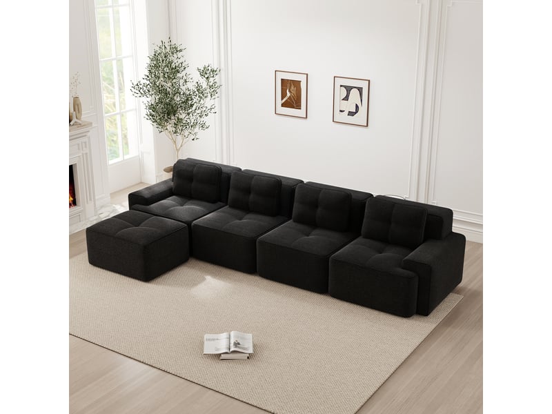 Canapé d'angle, canapé modulable; base antidérapante, sans cadre, sans montage, avec méridienne, en velours, 4 places, style cloud, noir - Conforama C