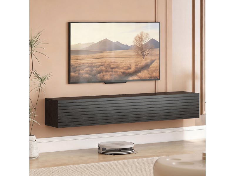  Meuble tv suspendu 140cm, meuble télé pour téléviseur 72 pouces, 140x25x22cm, 2 portes rabattables, noir  - Conforama D