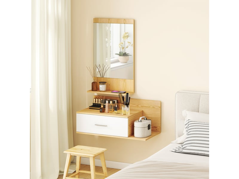  Ensemble mural pour entrée avec miroir et rangements, miroir avec tiroir et 2 étagères ouvertes, bois naturel  - Conforama D