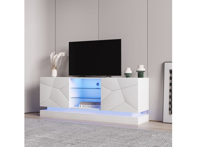  Meuble tv blanc mat 160 cm avec rangement, étagères réglables et éclairage usb  - Conforama E