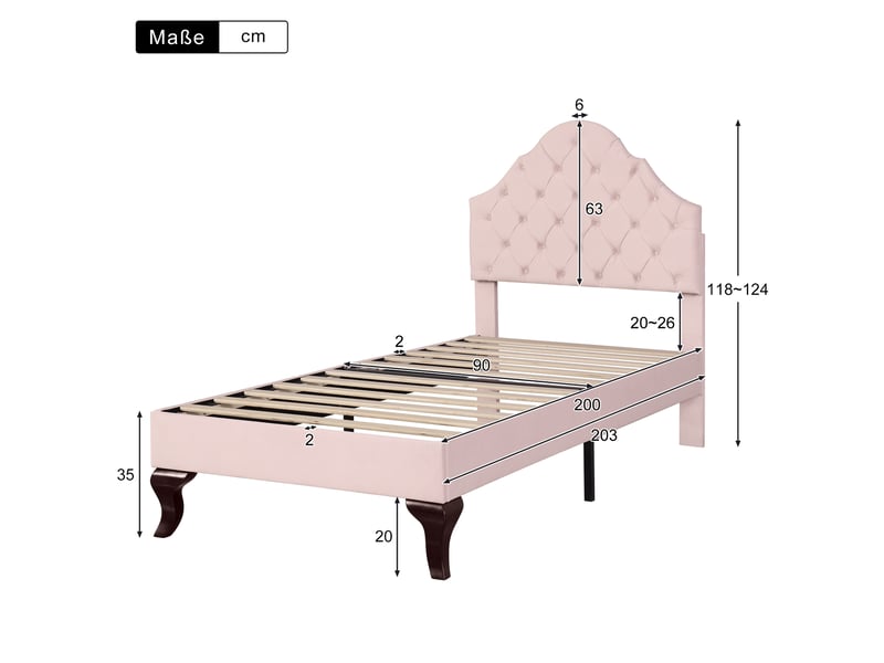  Lit rembourré 90 x 200 cm avec sommier à lattes et tête de lit réglable en hauteur, lit enfant, lit simple, sommier à lattes en bois, montage facile, velours, rose  - Conforama C