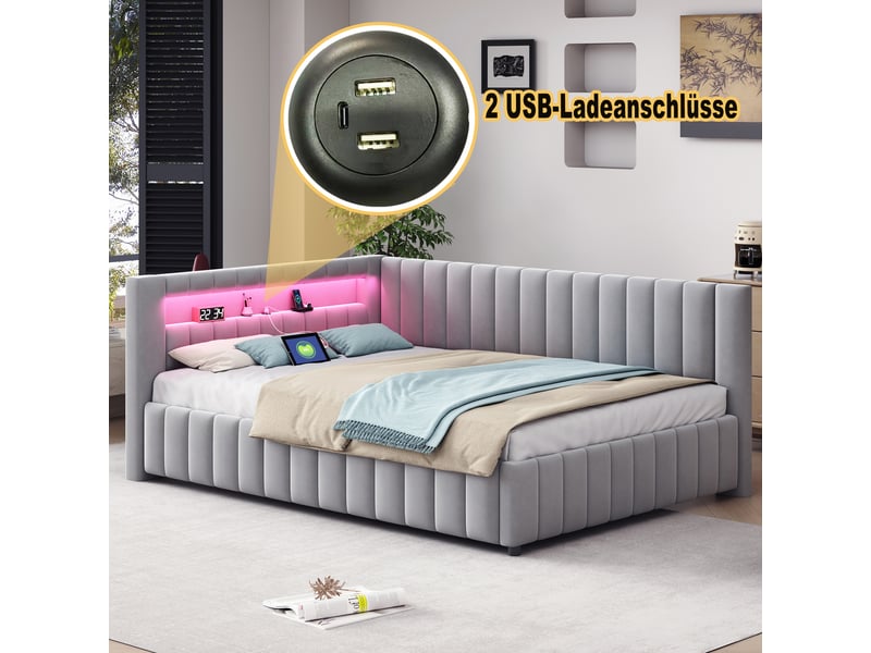  Lit double confortable 140x200 cm gris en velours, éclairage led, usb et cadre robuste  - Conforama D