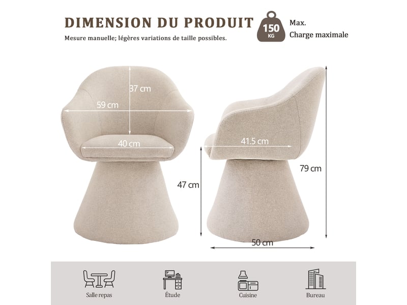  Chaise de salle à manger pivotante 360° design cocon – goeurvant, tissu effet lin, rembourré, beige  - Conforama C
