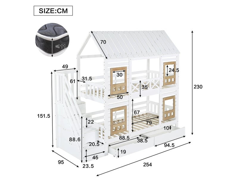  Lit superposé enfant 90x200 cm blanc et naturel avec rangements  - Conforama C