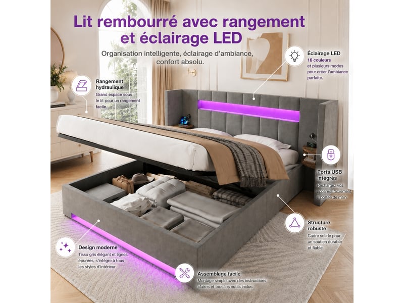  Lit coffre 160x200 en velours gris foncé, ouverture hydraulique, 2 ports usb et éclairage led  - Conforama B