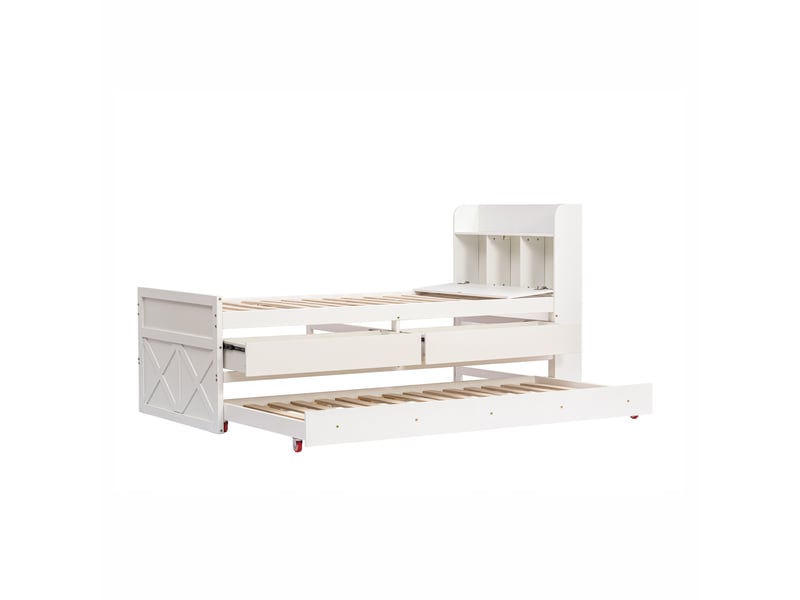  Lit 90x190 cm pin massif blanc - tiroirs, sommier, table de nuit et port usb  - Conforama A