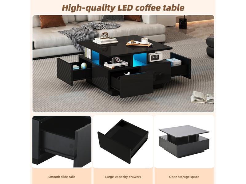  Table basse led avec 4 tiroirs et 3 niveaux de rangement, finition brillante, pour salon, 70 × 70 × 40 cm  - Conforama E