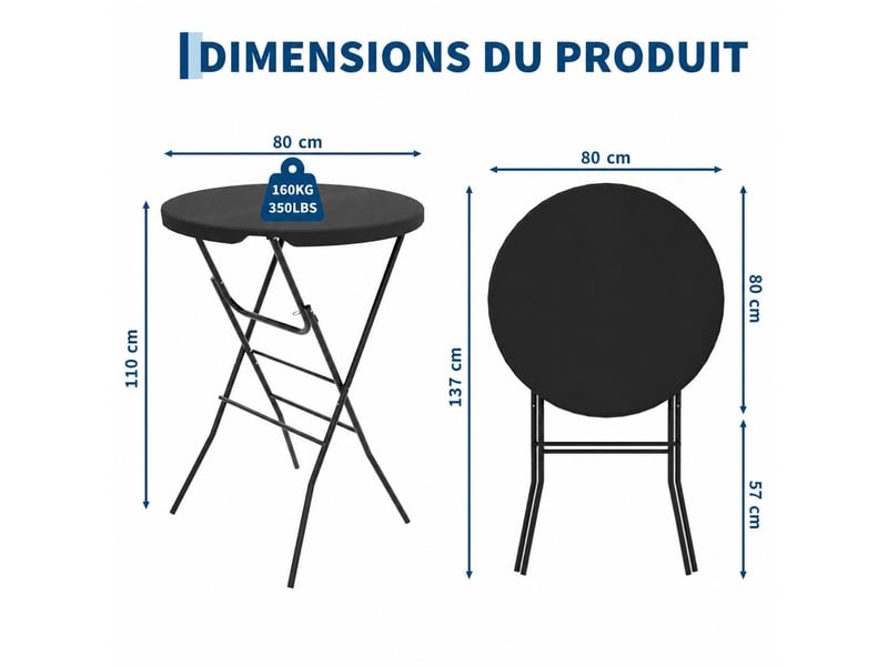  Table de bar pliante extérieure, table mange‑debout, table pour terrasse événement buffet, 110 cm, noir  - Conforama C