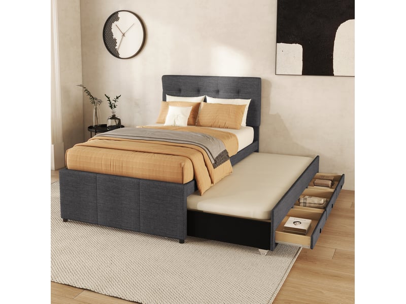  Lit gigogne 90x200 cm avec 3 tiroirs et tête de lit réglable, gris  - Conforama D