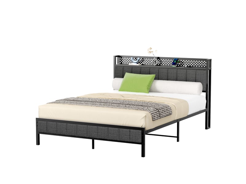 Lit double 140x200 cm - tête de lit rembourrée avec éclairage led et 2 ports usb - structure métal robuste - noir  - Conforama B