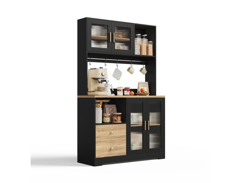  Buffet de cuisine haut 4 portes vitrées, 2 tiroirs, led et prises pour cuisine en mdf noir 110 × 40 × 178 cm  - Conforama A