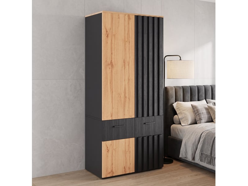  Armoire modenvie à portes battantes 90 x 50 x 200 cm avec penderie, 2 tiroirs et 2 compartiments noir et naturel  - Conforama B