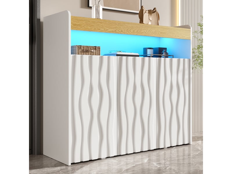  Buffet avec éclairage led 3 portes motif vague 105 cm blanc et naturel  - Conforama W