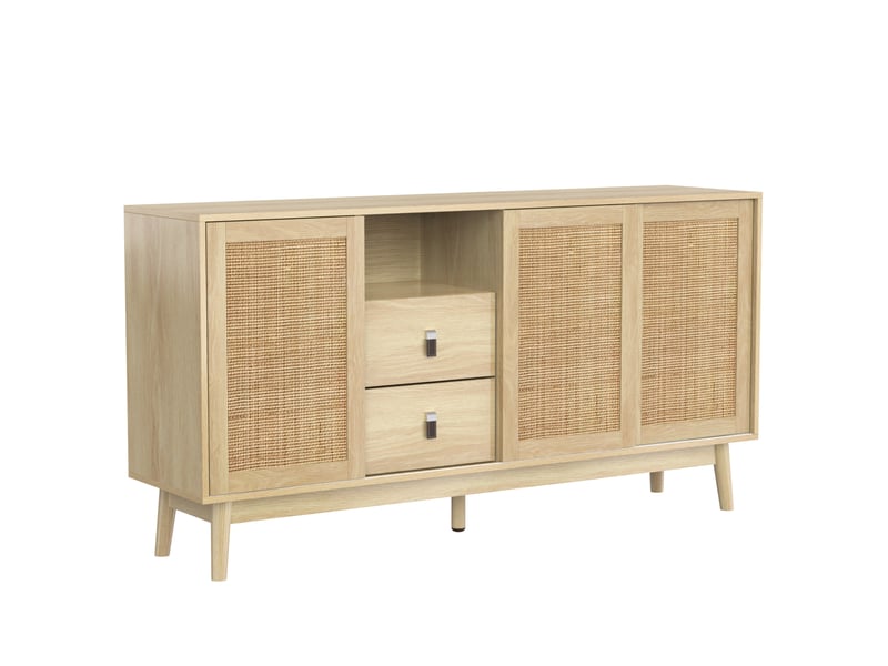 Buffet 155x38x80 cm bois, 3 portes coulissantes en rotin véritable, 2 tiroirs, rangement pour salon - Conforama E