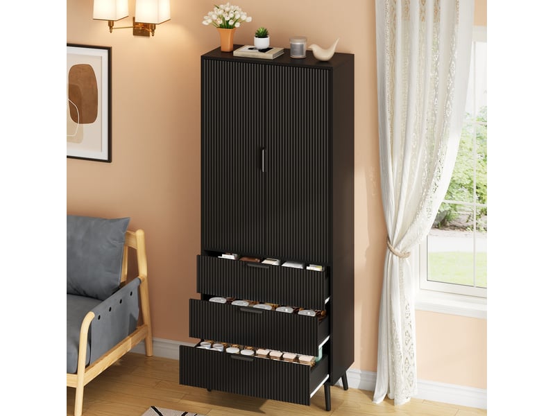  Armoire de cuisine 75x35x180 cm noire avec 2 portes et 3 tiroirs  - Conforama D