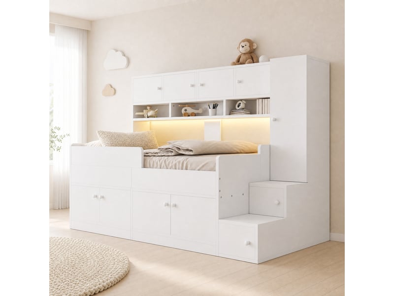  Lit enfant 90x200 cm avec rangements en bois blanc sans matelas  - Conforama B