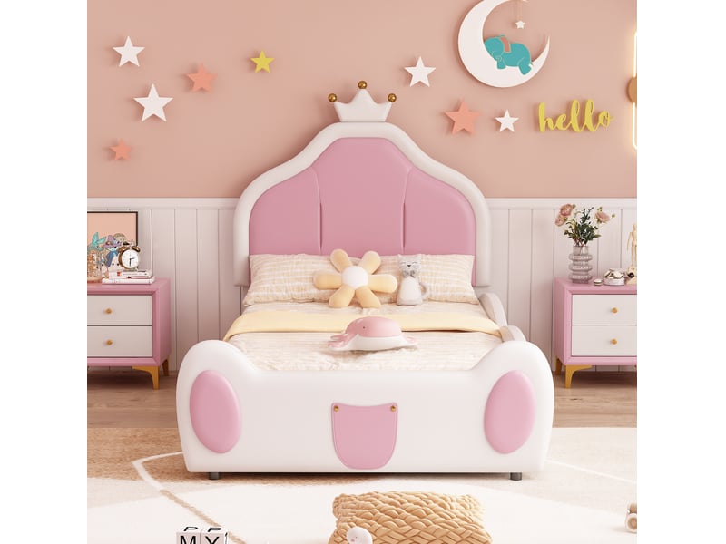  Lit jeune lit simple 90x200 cm équipé de tête de lit en forme de couronne, finition pu rose + blanc  - Conforama D