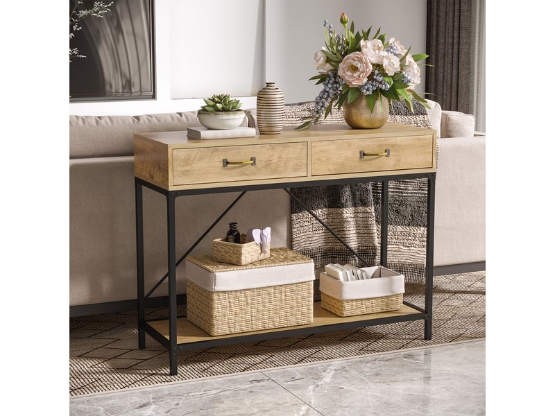  Table console avec 2 tiroirs et étagère marron et noir 100x35x76,5 cm  - Conforama D