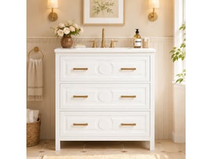 Meuble salle de bain sur pied 76,5cm avec vasque en céramique intégrée, meuble laqué blanc 3 tiroirs