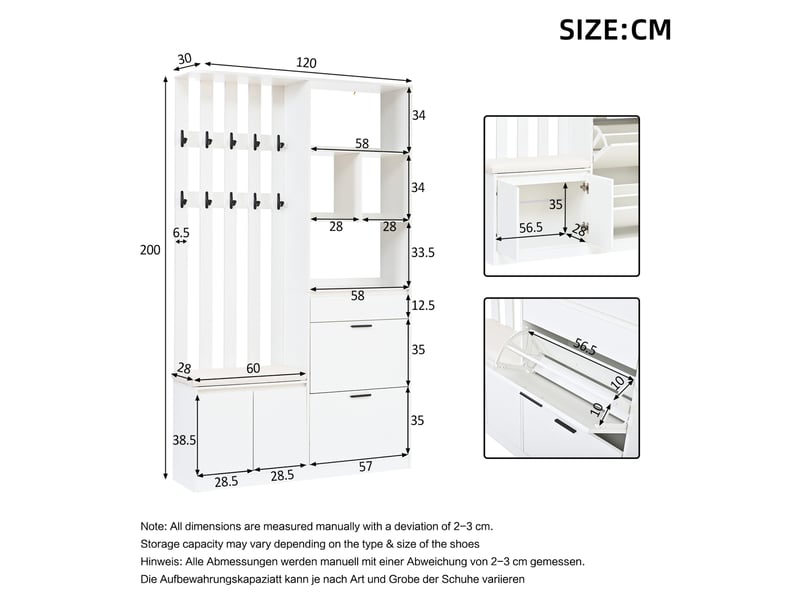  Meuble d'entrée avec banc rembourré, 2 portes, 2 abattants à chaussures, tiroir et 10 patères, 120 × 30 × 200 cm  - Conforama D