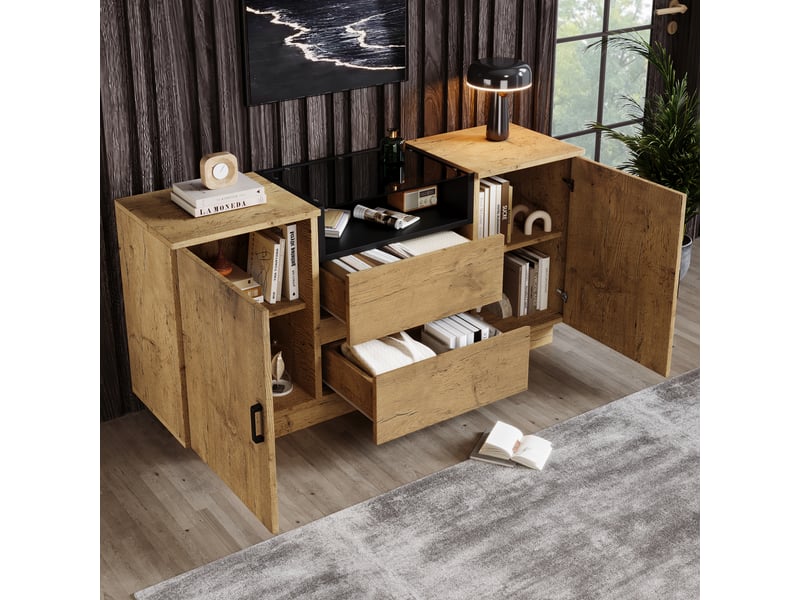  Buffet 140x40x70 cm chêne clair, 2 portes, 2 tiroirs et niche ouverte  - Conforama C