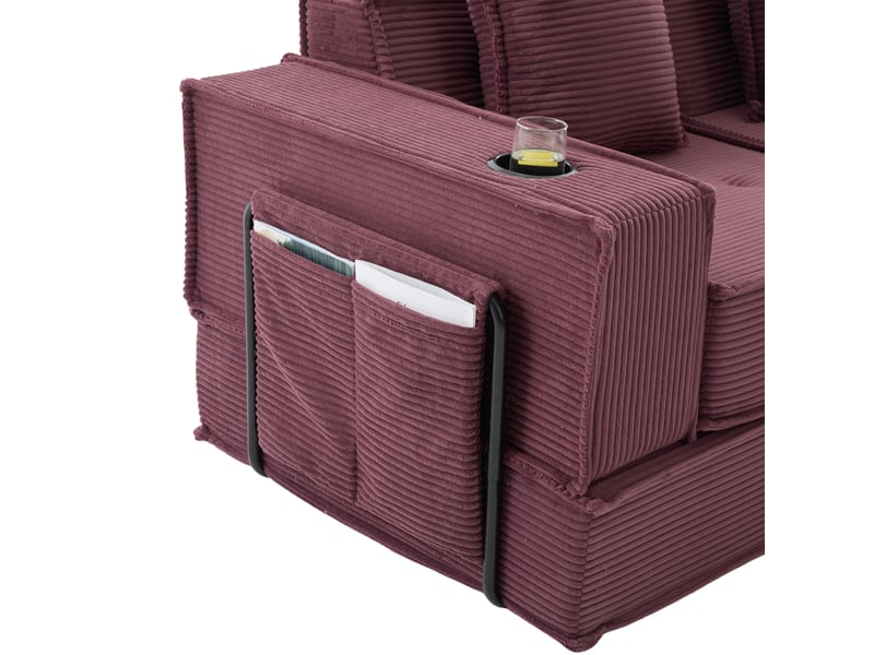  Canapé 2 places rouge vin en velours côtelé 162 × 78 × 66 cm, 2 coussins, pouf, rangement latéral et porte-gobelets  - Conforama E
