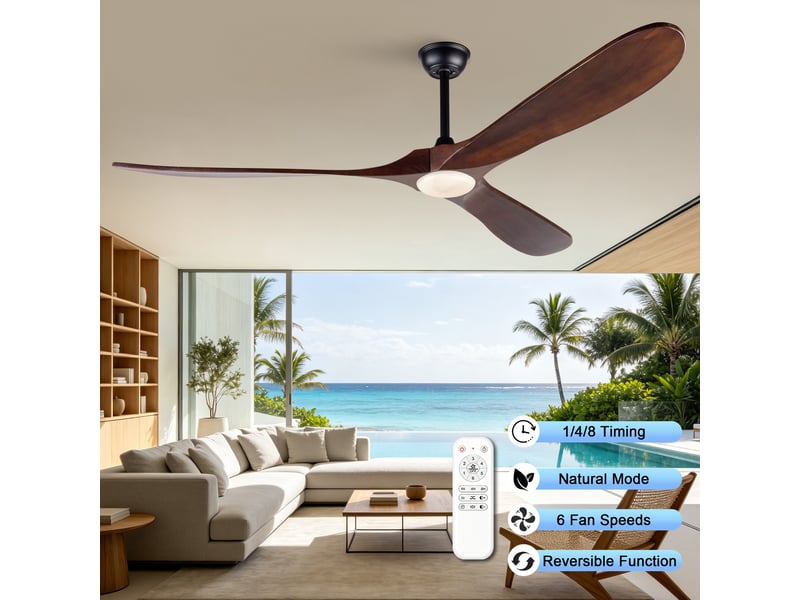  Ventilateur de plafond 70 pouces avec éclairage led dimmable, télécommande, 3 pales en bois massif, 6 vitesses, moteur dc silencieux  - Conforama D