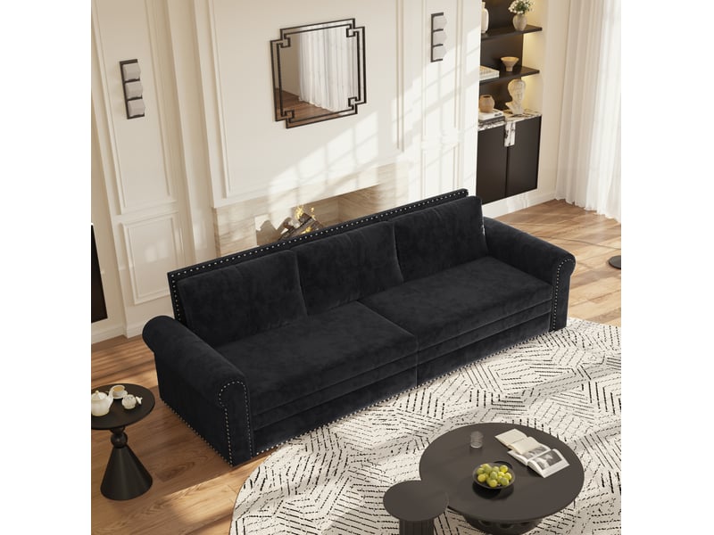  Canapé-lit 3 places 238x90x98 cm convertible 3-en-1, coussin de dossier réglable, en mousse et velours couleur noir  - Conforama E