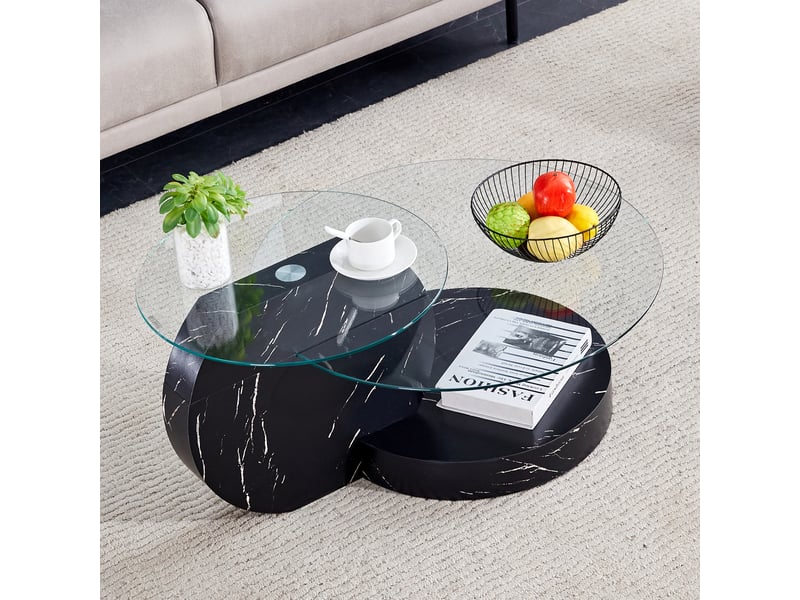 Table basse avec étagères multiniveaux, plateau en verre trempé, en mdf et verre, noir et transparent - uvrion - Conforama B