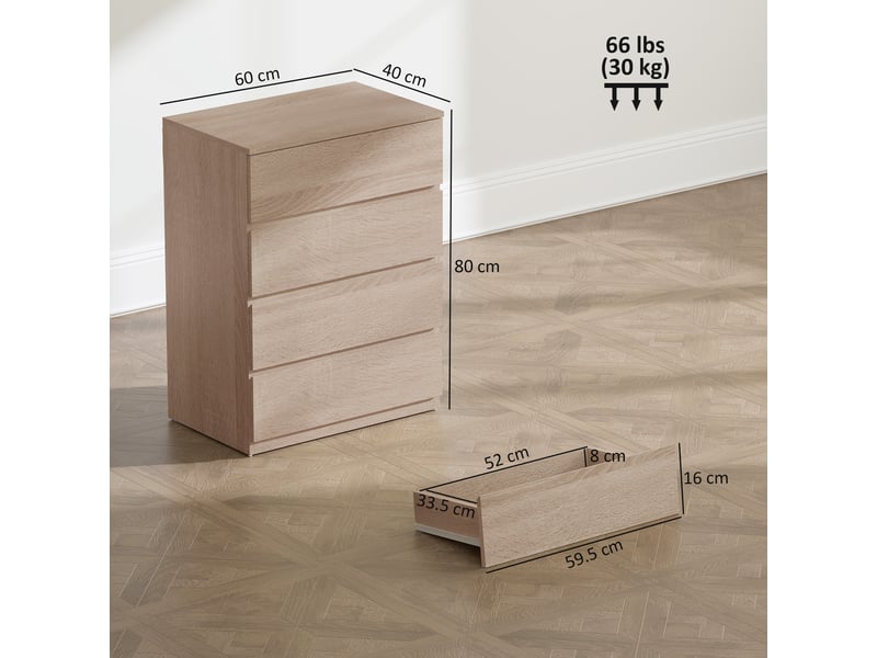  Commode à 4 tiroirs pour chambre à coucher, idéale pour le salon, la salle à manger et le couloir, en chêne.  - Conforama E