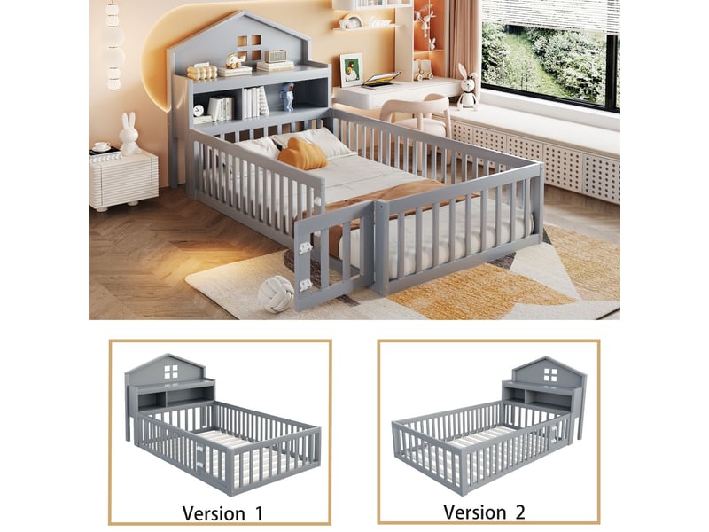  Lit cabane enfant 90x200cm - avec rangement - lit enfant - bois massif blanc barrière -  sommier inclus - gris  - Conforama E