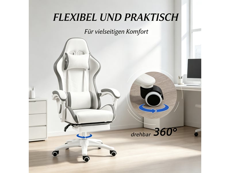  Chaise gaming ergonomique blanche, dossier inclinable à 135 degrés  - Conforama D
