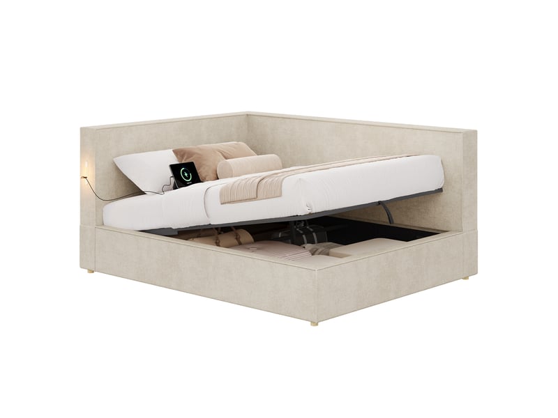 Lit banquette 140 x 190 cm avec led, usbusb-c et coffre hydraulique - lit rembourré avec sommier à lattes et tête de lit en chenille beige Fay Lum - Conforama A