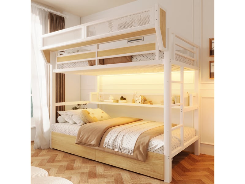 Lit mezzanine 90x200 cm, lit surélevé avec rangement, 2 tiroirs, étagère, panier, led via application, métal (sans matelas), blanc CozyNest - Conforama D