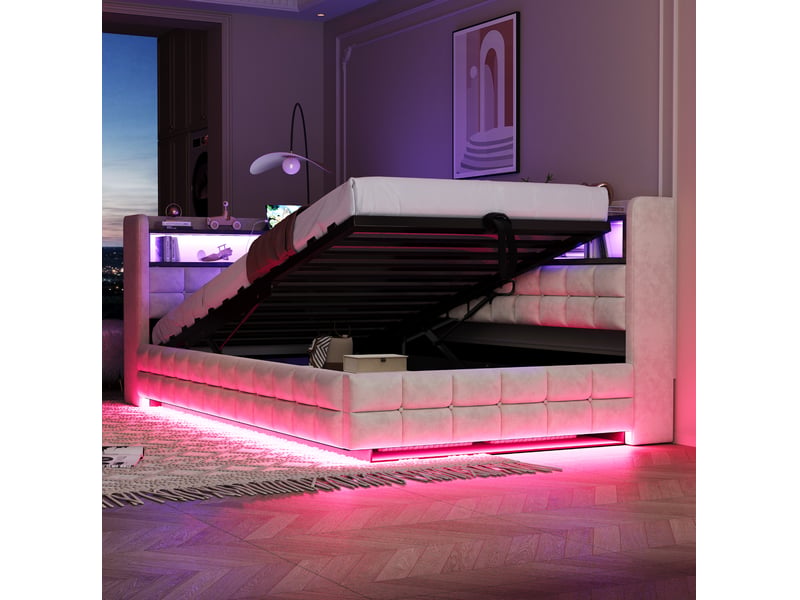  Lit coffre 90x200 cm, clayettes en bois équipées de led et prises, velours, beige, espace de stockage caché  - Conforama D