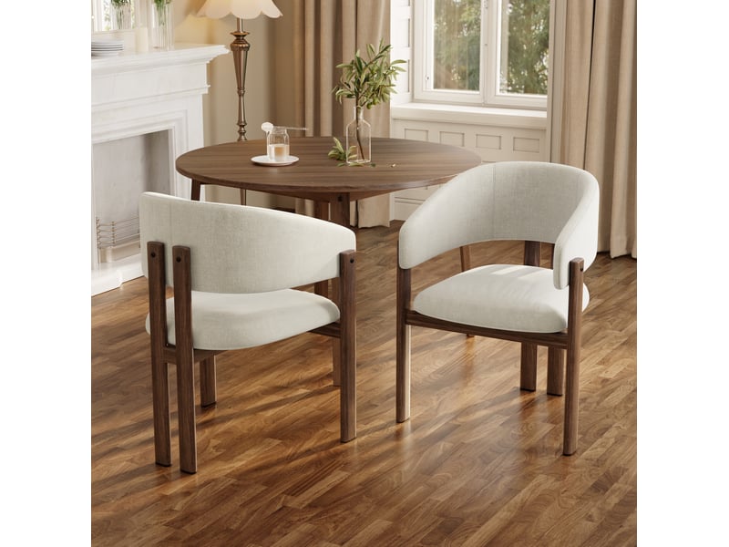  Lot de 6 chaises de salle à manger avec accoudoirs, assise respirante en tissu de lin et métal beige et noyer  - Conforama D