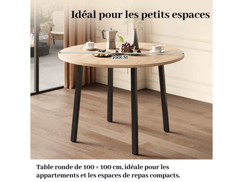  Table à manger pliante ronde 100 x 100 cm, 2-4 personnes, plateau rabattable, pieds métal, finition chêne Jamama eleni - Conforama D