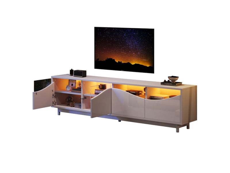  Meuble tv blanc laqué courbé 175x38x51 cm, porte en verre trempé, éclairage led pilotable via appli, mdf, sans poignée  - Conforama A