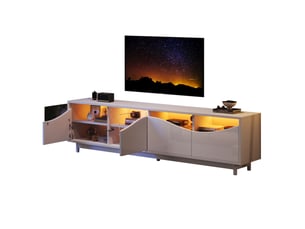 Meuble tv blanc laqué courbé 175x38x51 cm, porte en verre trempé, éclairage led pilotable via appli, mdf, sans poignée