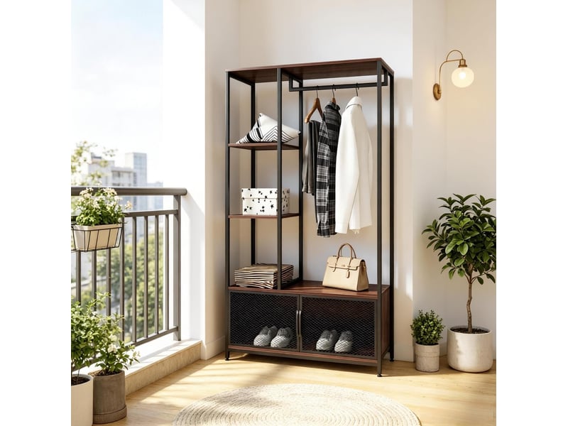  Vestiaire d’entrée ouverte noire avec étagères, tringle et pieds réglables  - Conforama D