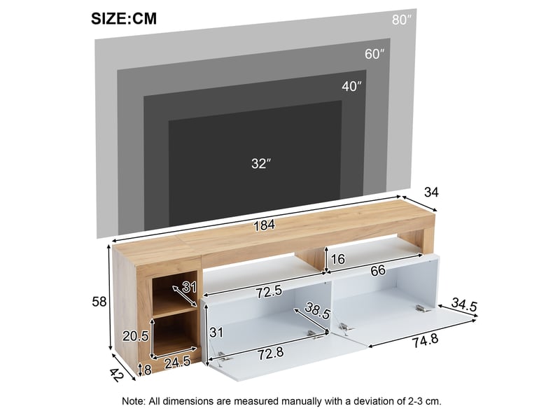  Meuble tv moderne blanc et bois avec éclairage led, meuble tv pour téléviseur jusqu'à 80 pouces, rangements ouverts et fermés  - Conforama C