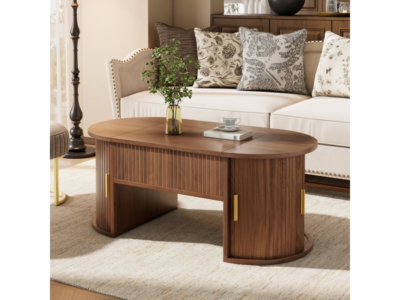 Table basse relevable ovale effet noyer portes coulissantes et étagère - Conforama D